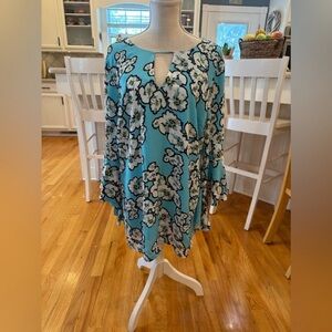 Kaari Blue teal floral bell sleeve tunic dress